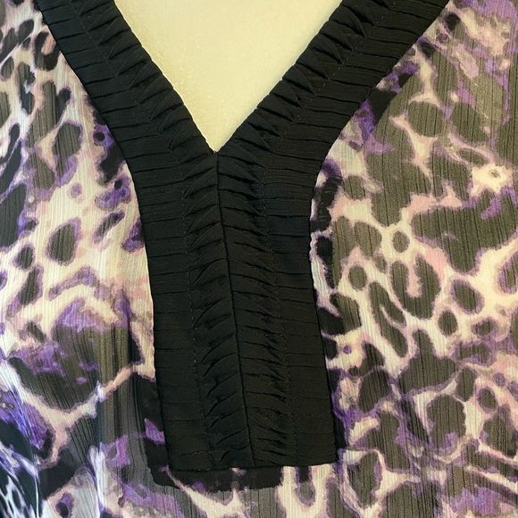 Purple Sheer Leopard V-Neck Blouse - 3/4 Sleeves - Picture 2 of 6